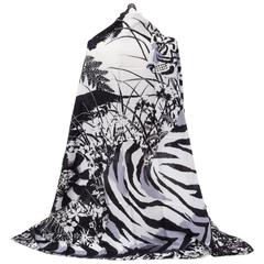 Hermes Black White Tyger Silk Cashmere 54" Shawl Scarf