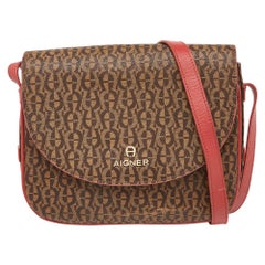Bolso cruzado de piel y lona revestida marrón/rojo Aigner Signature