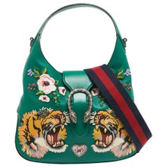 Gucci Green Leather Embroidered Tiger Head Large Dionysus Hobo