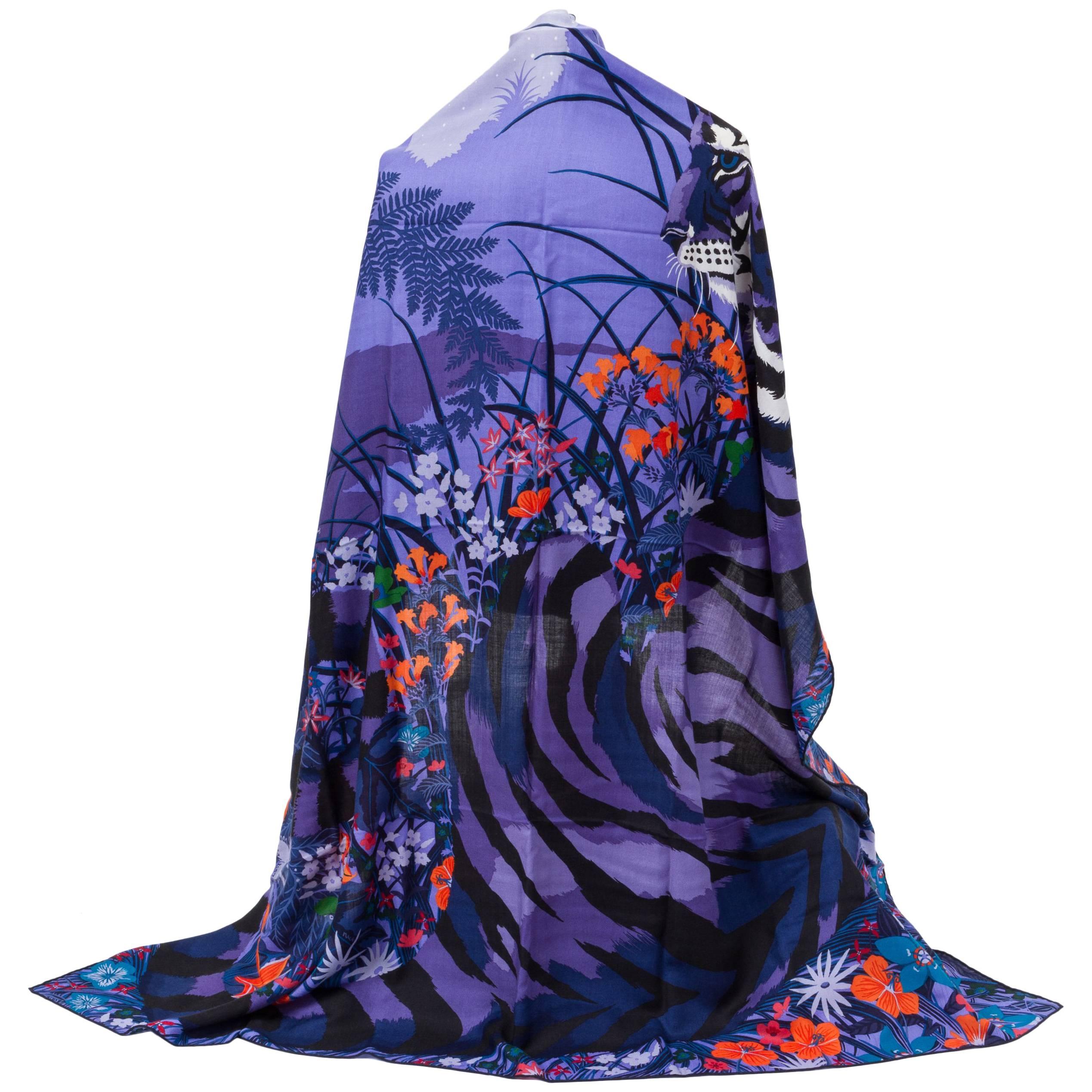 Hermes Purple 54" Tyger Cashmere Shawl Scarf