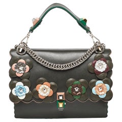 Fendi Green Floral Applique Leather Medium Kan I Top Handle Bag