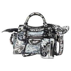 Balenciaga Black/White Graffiti Leather XS Neo Cagole City Bag