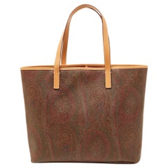 Bolso shopper de piel y lona con estampado paisley marrón de Etro