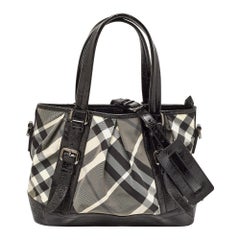 Burberry Black/Grey Beat Check Nylon and Patent Leather Lowry Tote