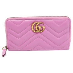 Gucci Pink Matelassé Leather GG Marmont Zip Around Wallet