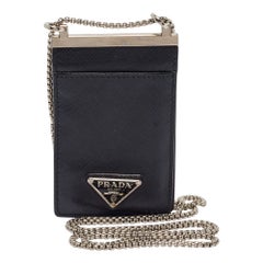 Prada Black Brushed Leather Chain Card Holder