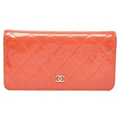 Chanel Orange Quilted Patent Leather CC Yen Continental Wallet