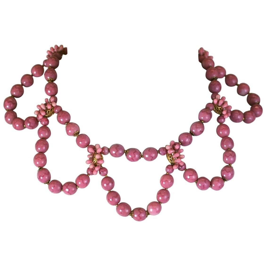 Miriam Haskell Dusty Rose Pate de Verre Swag Necklace For Sale