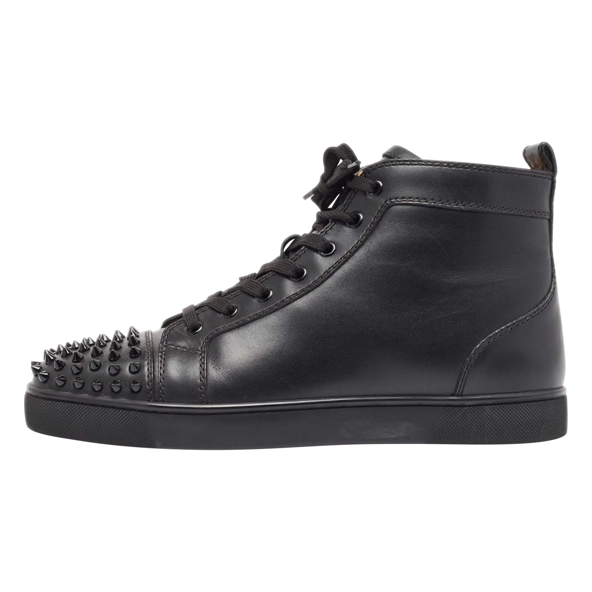 Christian Louboutin Black Leather Lou Spikes High Top Sneakers Size 42 For Sale