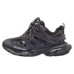 Used Balenciaga Black Faux Leather Mesh Track Sneakers Size 37