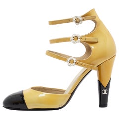 Chanel Beige/Black Patent Camellia Ankle Strap Pumps Size 38.5