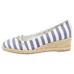 Salvatore Ferragamo Blue/White Striped Fabric Audrey Wedge Pumps Size 40.5