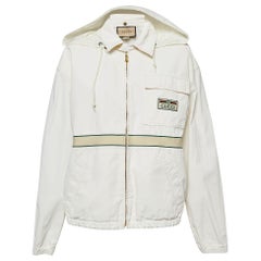 Gucci Cream Cotton Web Accent Zip Front Hooded Windbreaker Jacket L