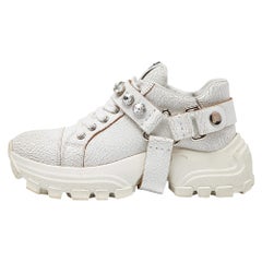 Miu Miu White Textured Leather Crystal Embellished Lace Up Sneakers Size 37