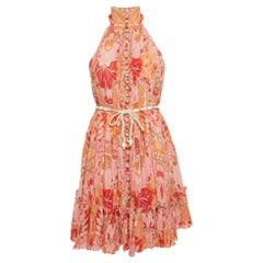 Zimmermann Pink/Coral Floral Printed Georgette Violet Short Halter Dress S