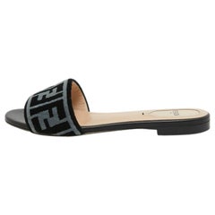 Fendi Blue/Black Zucca Velvet Flat Slides Size 37.5