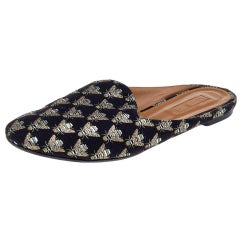 Aquazzura Black Bee Embroidered Fabric Flat Mules Size 39.5