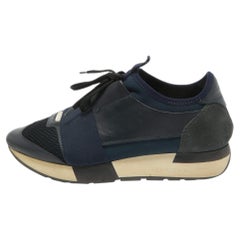 Balenciaga Navy Blue Leather and Mesh Race Runner Sneakers Size 38