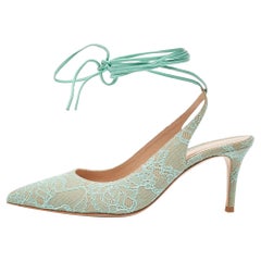 Gianvito Rossi Mint Green Lace Ankle Wrap Slingback Pumps Size 39