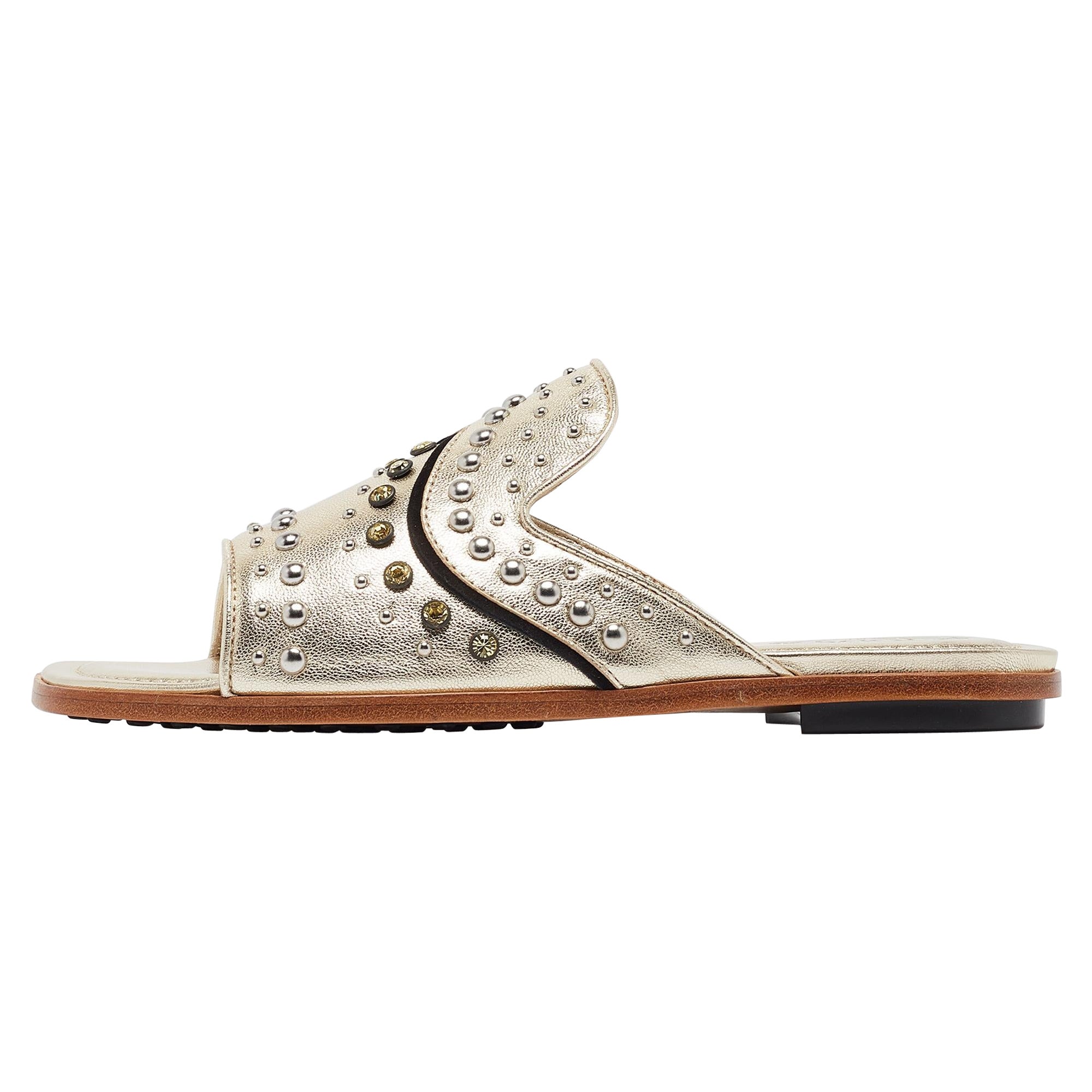 Tod's Metallic Gold Leather Studded Embellished Flat Slides Size 37.5