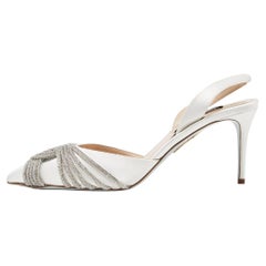 Aquazzura White Satin Crystal Embellished Slingback Pumps Size 38