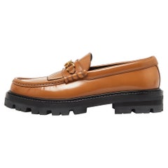 Celine Brown Leather Triomphe Frame Margaret Fringe Slip On Loafers Size 38
