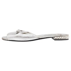 Prada Silver Leather Bow Flat Slides Size 39