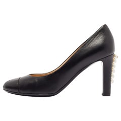 Chanel Black Leather Faux Pearl Embellished Heel Cap Toe Pumps Size 38.5
