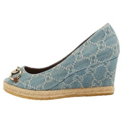 Gucci Blue GG Denim Horsebit Peep Toe Wedge Pumps Size 36.5