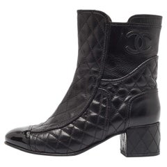 Chanel Black Quilted Leather and Patent Cap Toe CC Ankle Booties Size 38.5