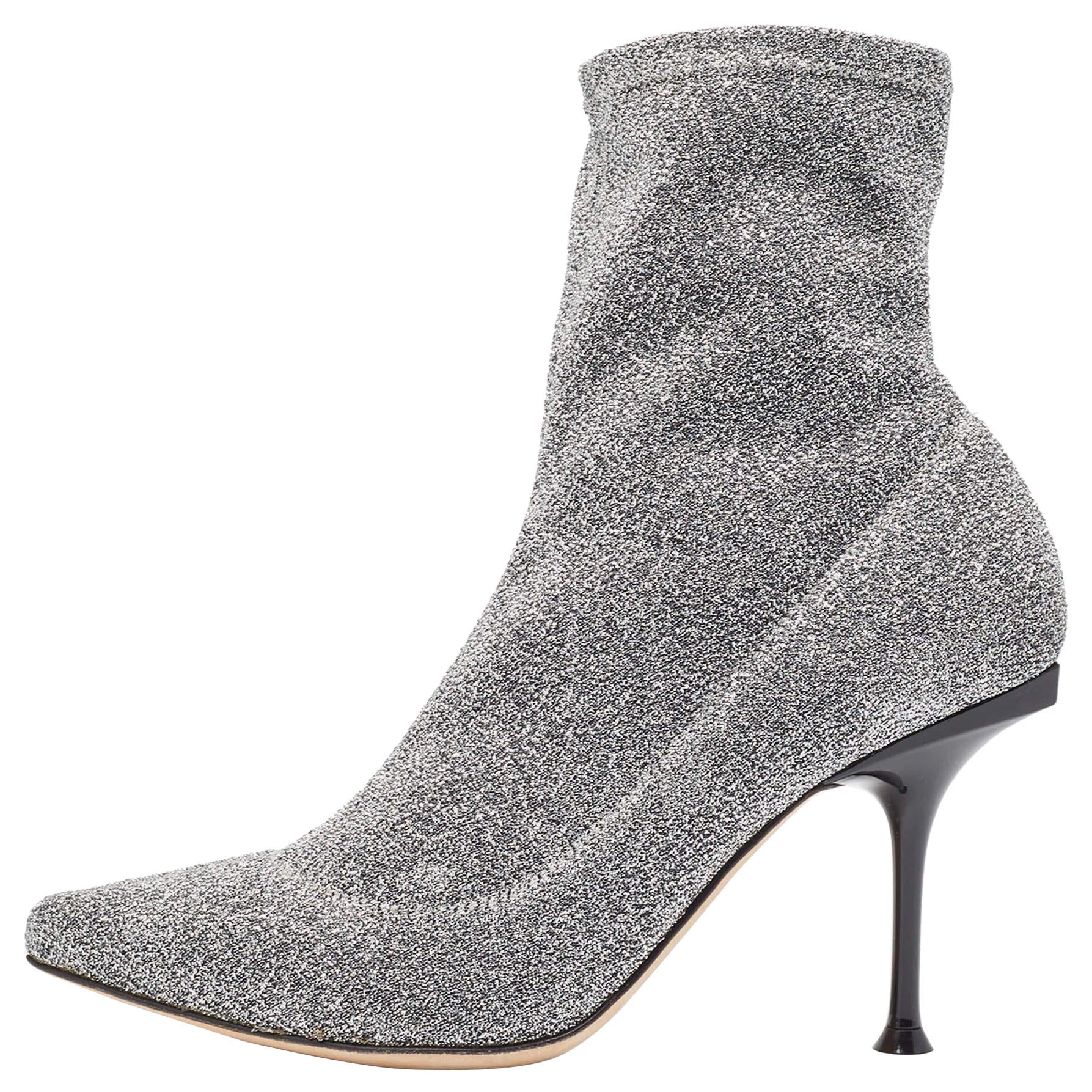 Sergio Rossi Silver Knit Fabric Sock Ankle Boots Size 36 For Sale
