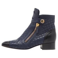 Chanel Blue/Black Quilted Leather Pearl Embellished Ankle Booties Size 38