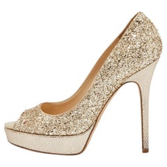 Jimmy Choo Gold Glitter Dahlia Platform Peep Toe Pumps Size 38