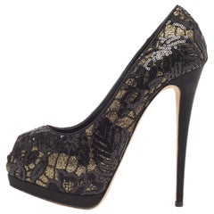 Giuseppe Zanotti Black/Gold Sequins Lace Sharon Peep Toe Pumps Size 39.5
