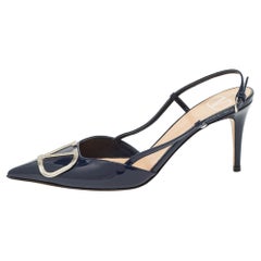 Valentino Navy Blue Patent Leather Vlogo Slingback Pumps Size 36.5
