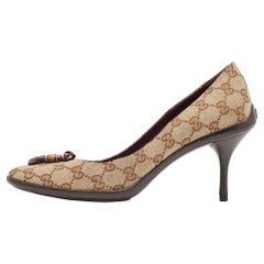 Gucci Beige/Brown GG Crystal Canvas Web Bow Pumps Size 40