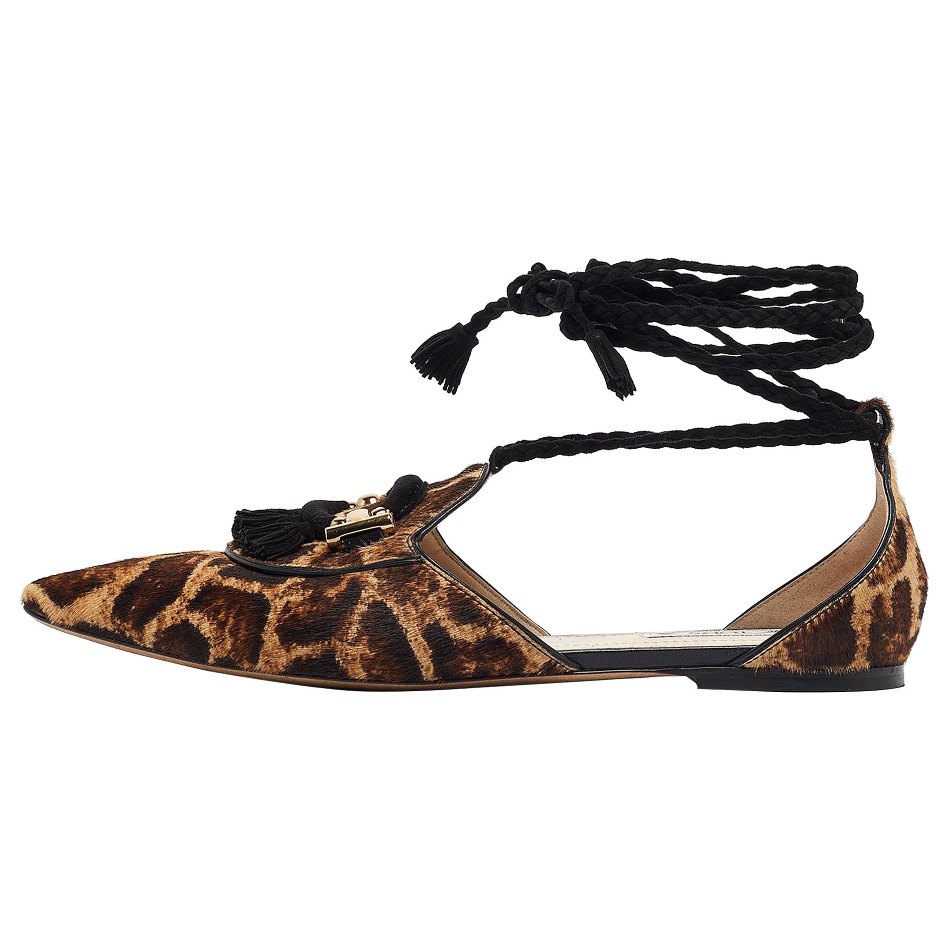 Tod's Brown/Beige Animal Print Calf Hair Ankle Tie Flats Size 38.5 For Sale
