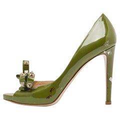 Valentino Green Patent Leather Rockstud Bow Open Toe D'orsay Pumps Size 39.5