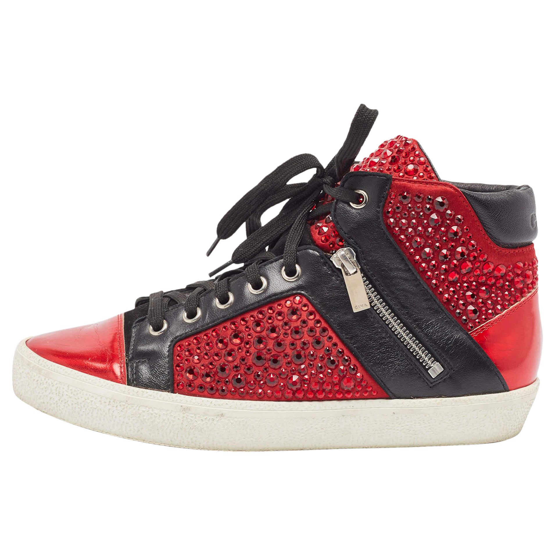 Gina Red/Black Leather Crystal Embellished High Top Sneakers Size 39 For Sale