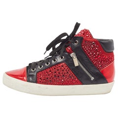Gina Red/Black Leather Crystal Embellished High Top Sneakers Size 39