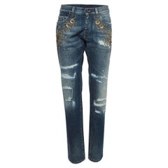 Dolce & Gabbana Navy Blue Ripped Denim Crystal Embellished Jeans L Waist 33"