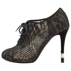 Chanel Black Lace and Suede Lace Up Ankle Booties Size 37