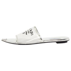 Prada Silver Patent Leather and PVC Logo Flat Mules Size 40.5