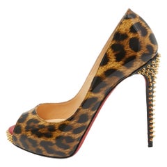 Christian Louboutin Black/Brown Leopard Print Leather Prive Spikes Pumps Size 38