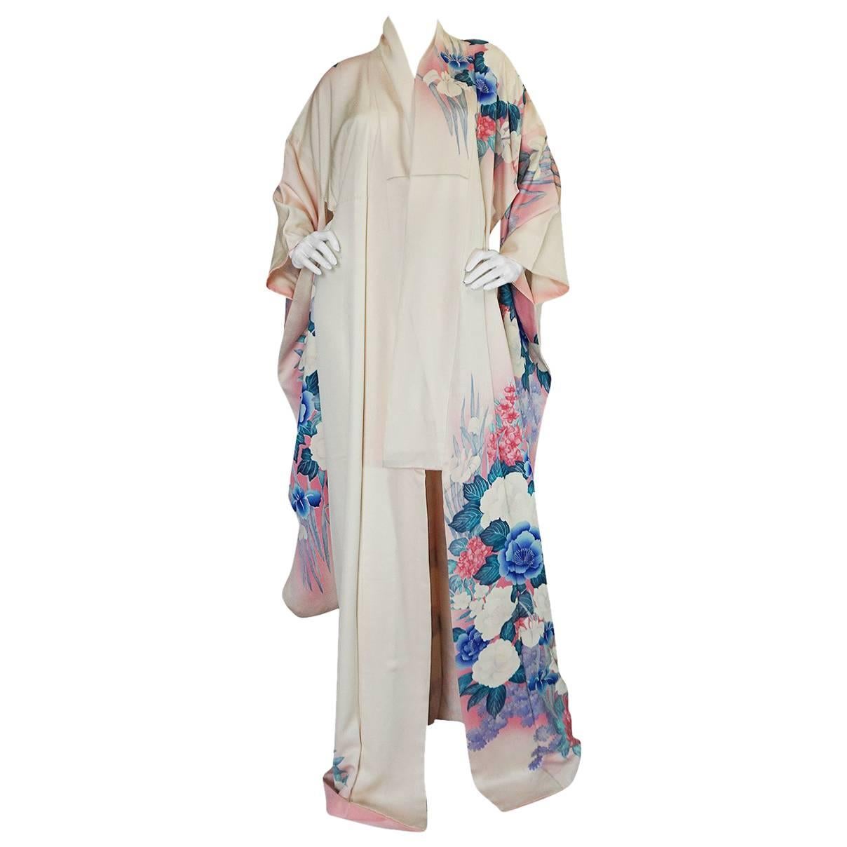 1940s Floral Pastel Hand Painted Pink & Blue Silk Kimono
