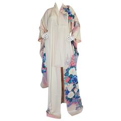Vintage 1940s Floral Pastel Hand Painted Pink & Blue Silk Kimono