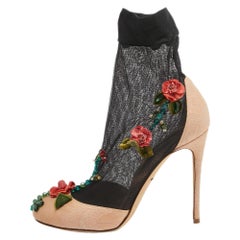 Dolce & Gabbana Beige/Black Brocade Fabric And Lace Sock Pumps Size 36