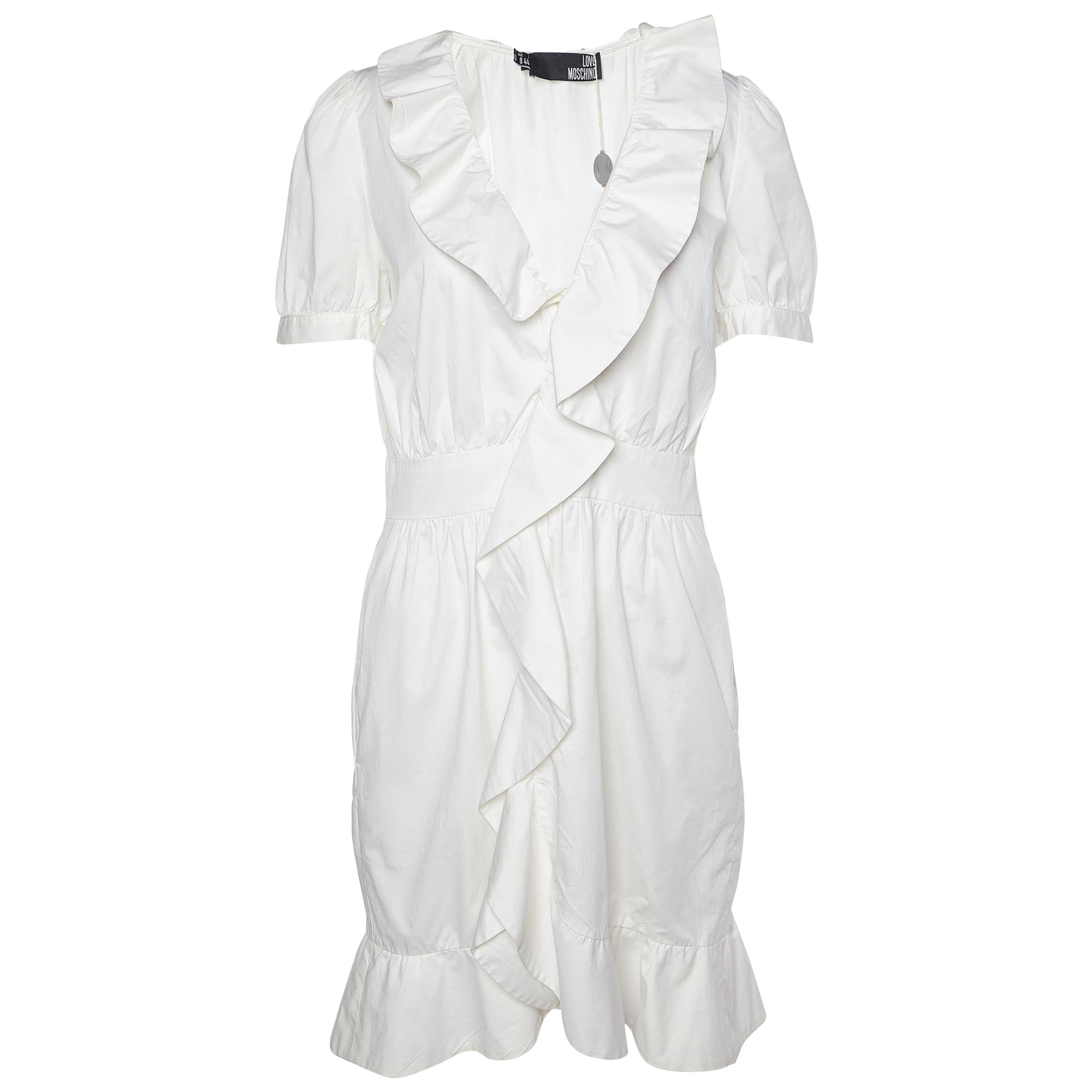 Love Moschino Vestito al ginocchio in cotone bianco con dettaglio volant M.