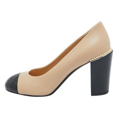 Chanel Beige/Brown Leather Pearl Accents Pumps Size 39.5
