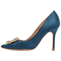 Used Manolo Blahnik Blue Satin Hangisi Pumps Size 38.5